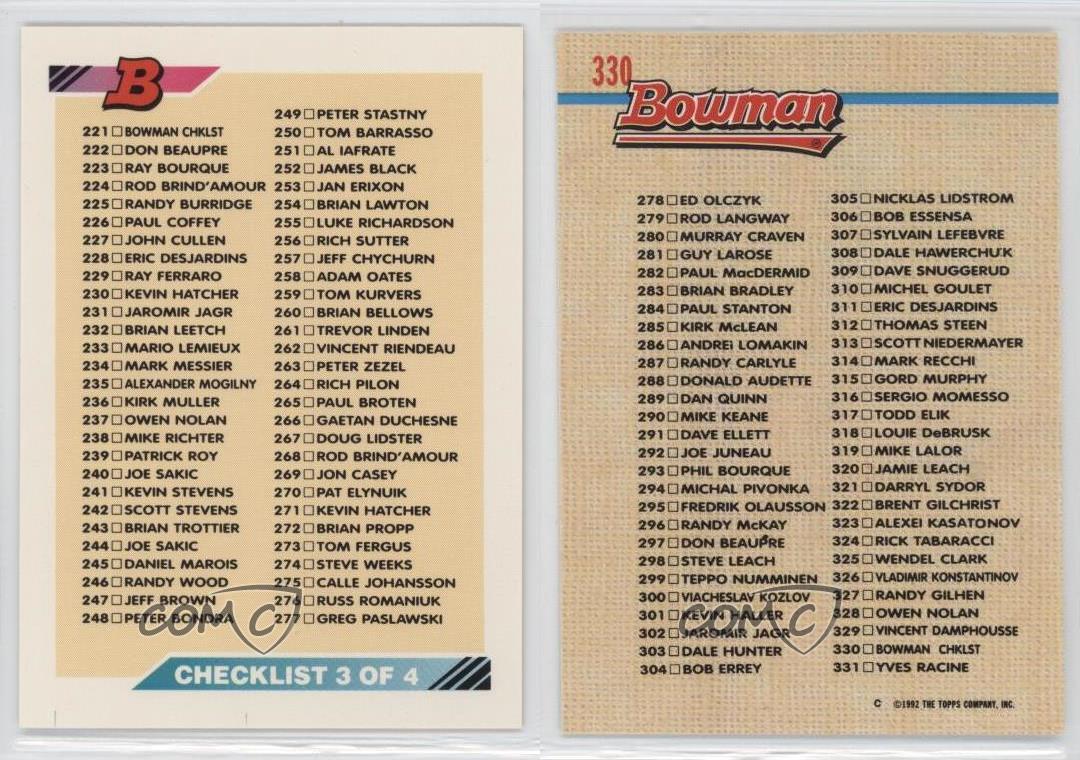1992-93 Bowman Checklist #330 - Picture 4 of 4