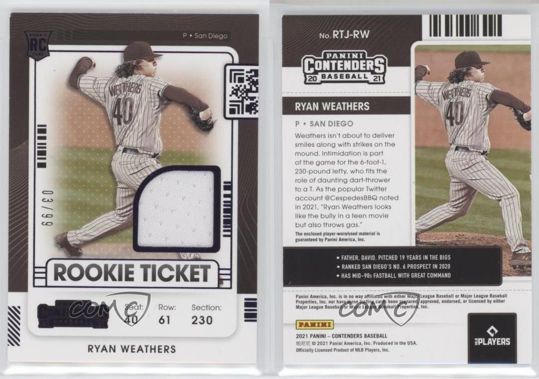 2021 Panini Contenders Jersey Purple Ticket /99 Ryan Weathers #RTJ-RW  Rookie RC