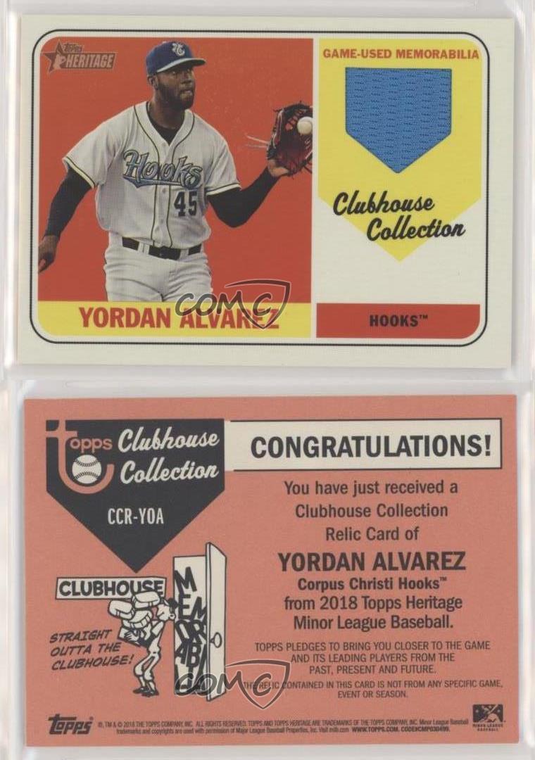  2018 Topps Heritage Minor League Clubhouse Collection Relics  #CCR-YOA Yordan Alvarez Jersey/Relic Corpus Christi Hooks Official MiLB  Baseball Trading Card in Raw (NM or Better) Condition : Collectibles & Fine  Art