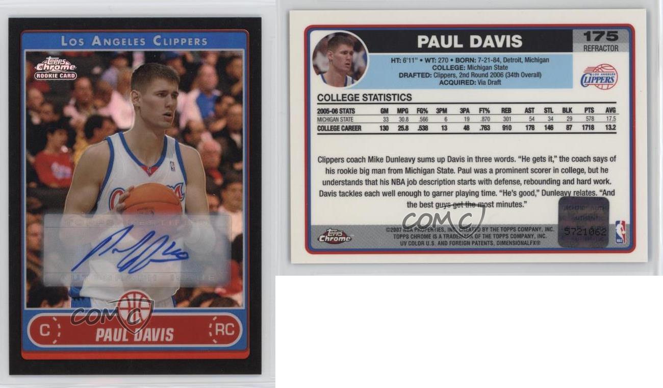 2006-07 Topps Chrome Black Refractor Auto Paul Davis #175 Rookie Auto RC
