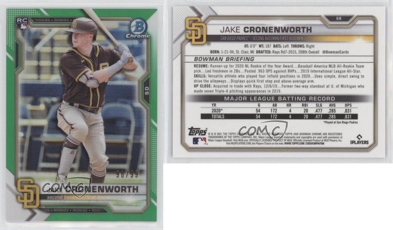 Bowman 2021 cromo refractor verde/99 Jake Cronenworth #68 novato radiocontrol - Imagen 4 de 4