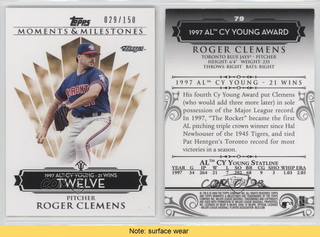 2008 Topps Moments & Milestones /150 Roger Clemens (1997 AL Cy Young 21 vittorie) - Foto 3 di 3