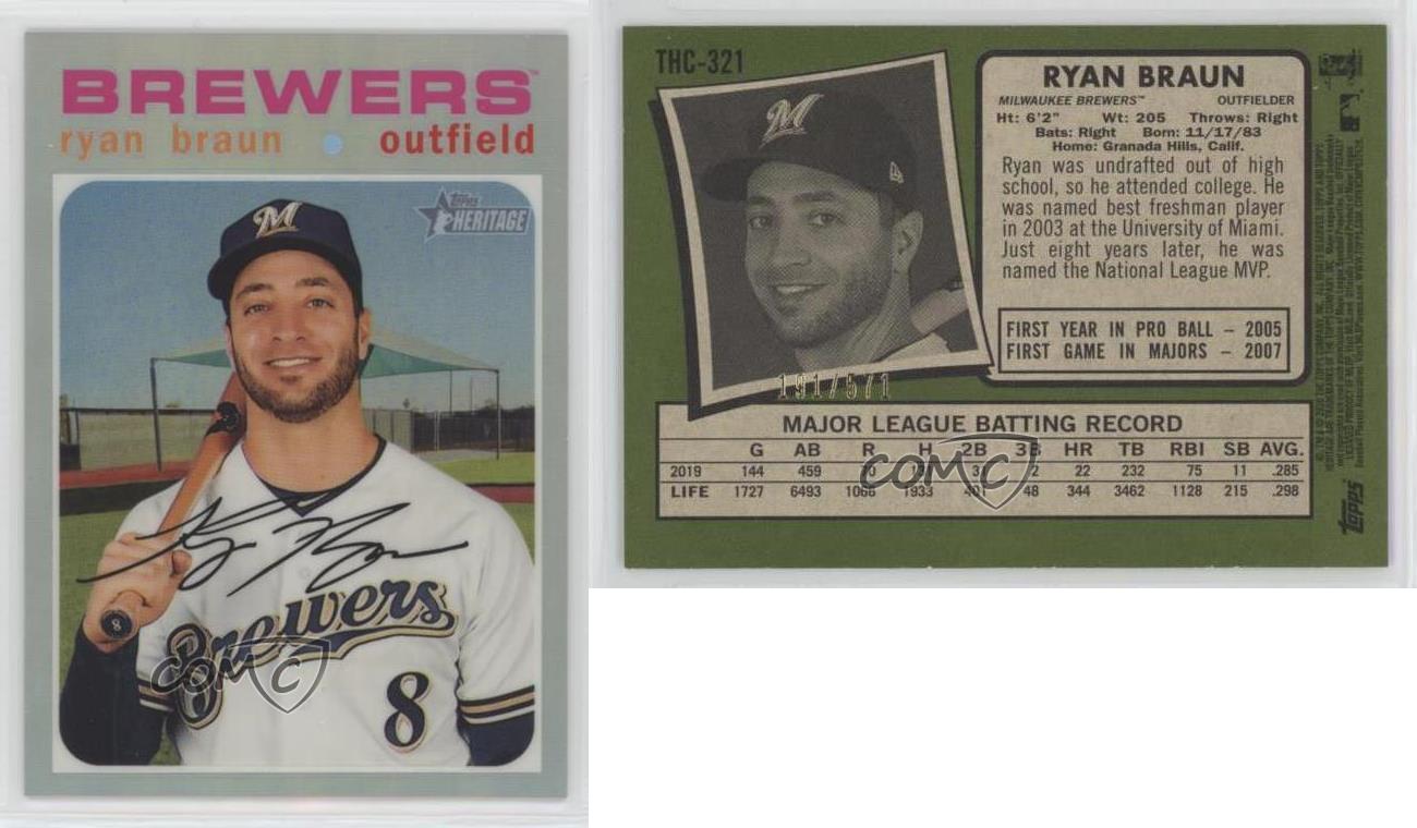 Ryan Braun 2020 Topps Heritage Baseball 321 Milwaukee Brewers