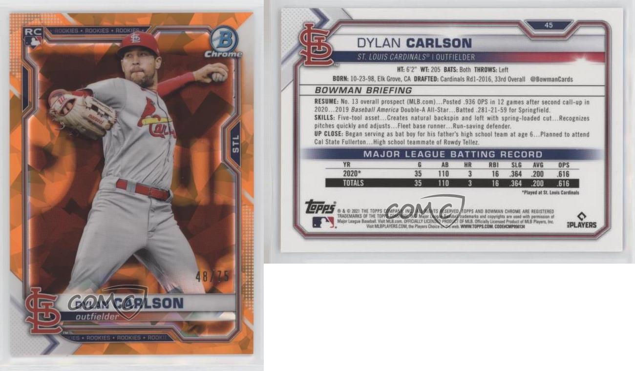 2021 Bowman Chrome Sapphire Edition rifrattore arancione /75 Dylan Carlson Rookie RC - Foto 4 di 4