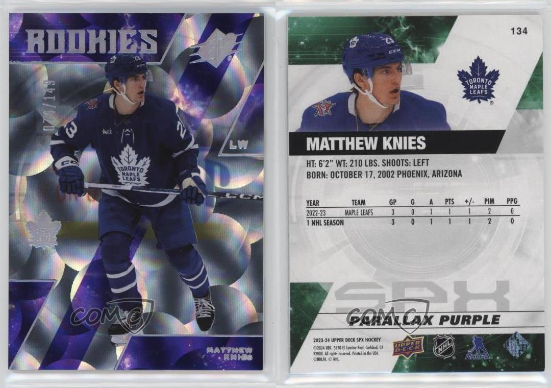 2023-24 SPx Rookies Purple Parallax/149 Matthew Knies #134 Rookie RC - Imagen 4 de 4