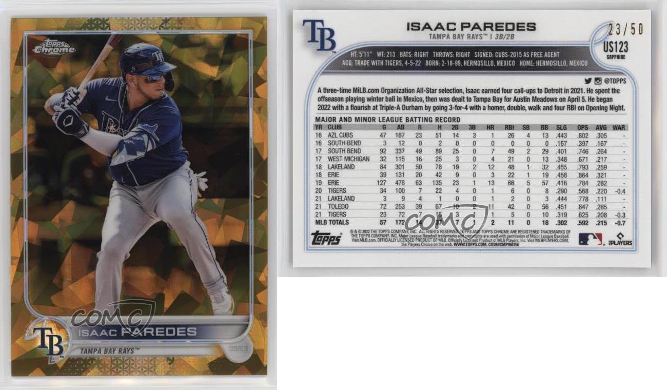 Topps 2022 actualización cromada edición zafiro dorado/50 Isaac Paredes #US123 - Imagen 3 de 4
