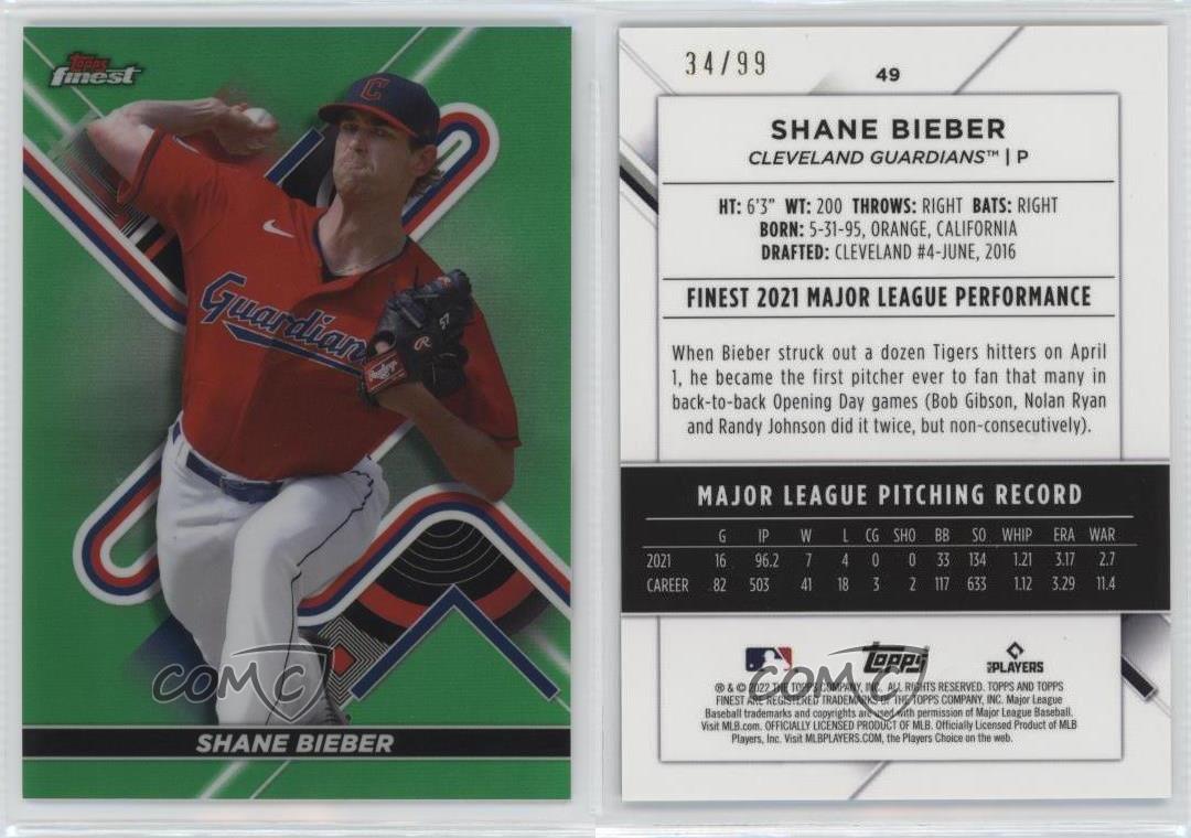 2022 Topps Finest Green Refractor /99 Shane Bieber #49 - Picture 4 of 4