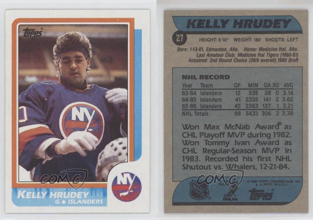 1986-87 Topps of Kelly Hrudey sporting a headband and rubber