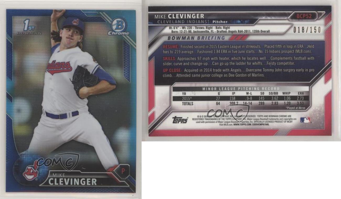Bowman Chrome Prospects Blue Refractor 2016/150 Mike Clevinger #BCP52 Rookie RC - Imagen 3 de 3