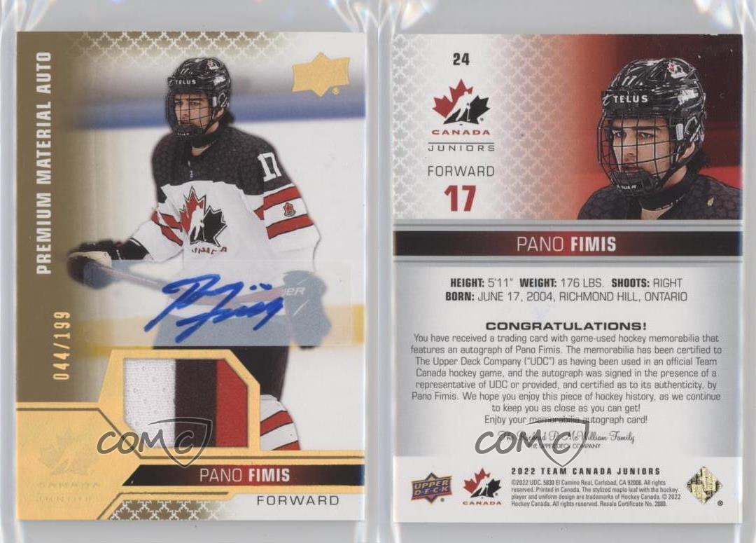 2022 Team Canada Juniors Men's U-18 Premium Signatures Pano Fimis Patch Auto