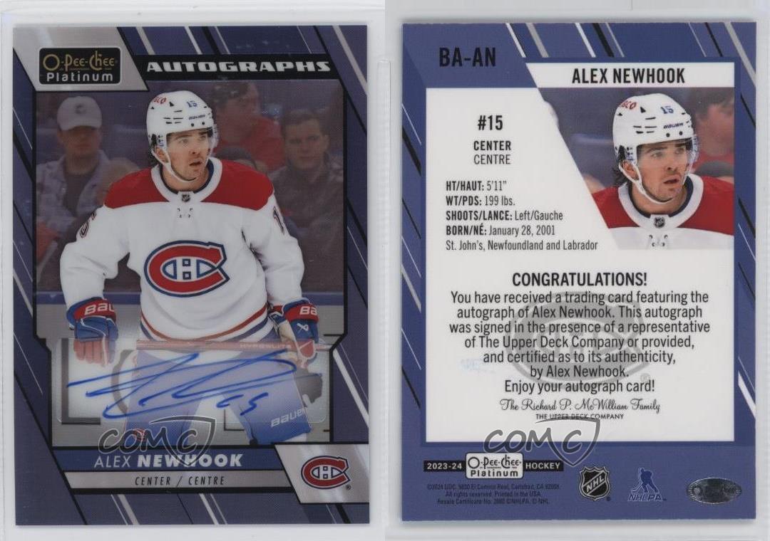 2023-24 O-Pee-Chee Platino Azul Arco Iris Automático Alex Newhook #BA-AN Automático - Imagen 3 de 4