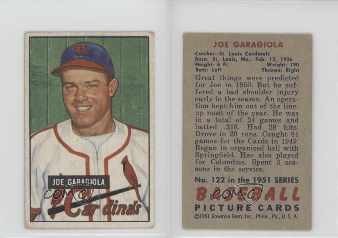 1951 Bowman #122 Joe Garagiola St. Louis Cardinals RC Rookie Baseball ...