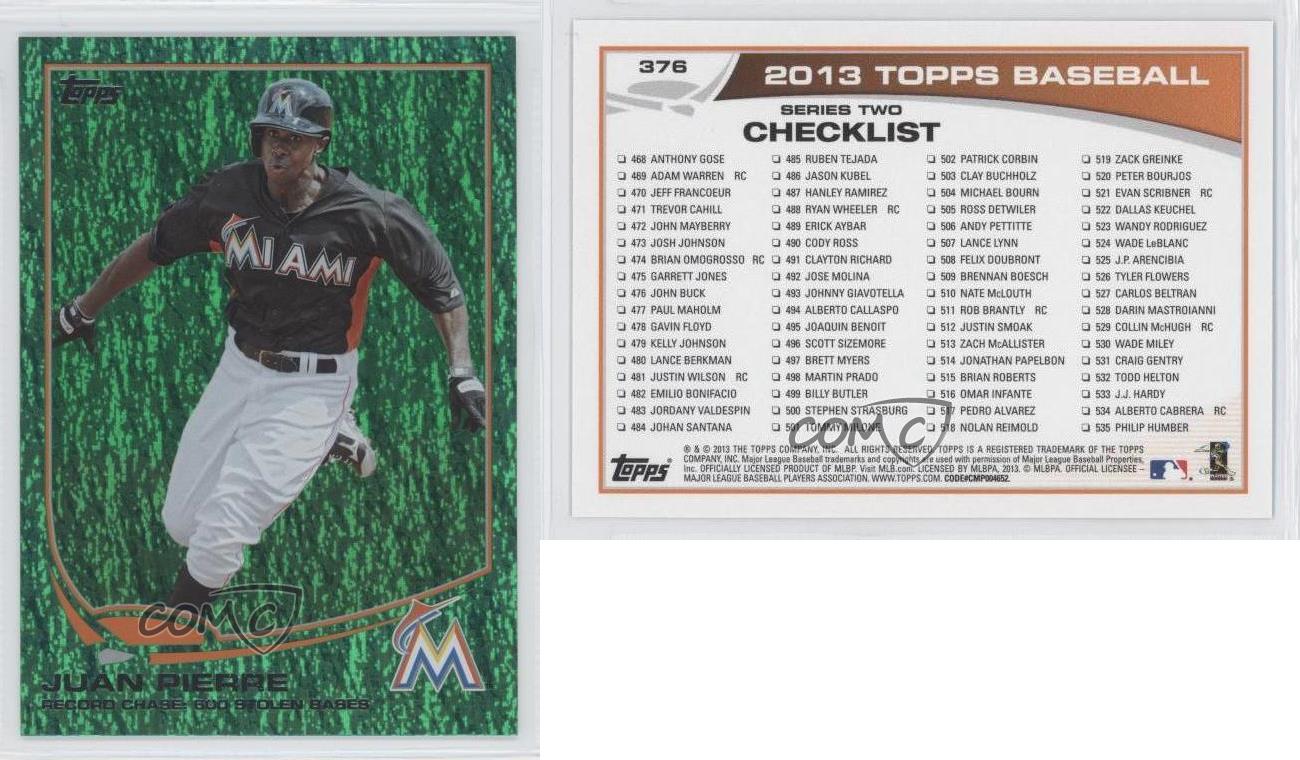 Juan Pierre autographed baseball card (Miami Marlins) 2013 Topps #376  Stolen Base Record Chase