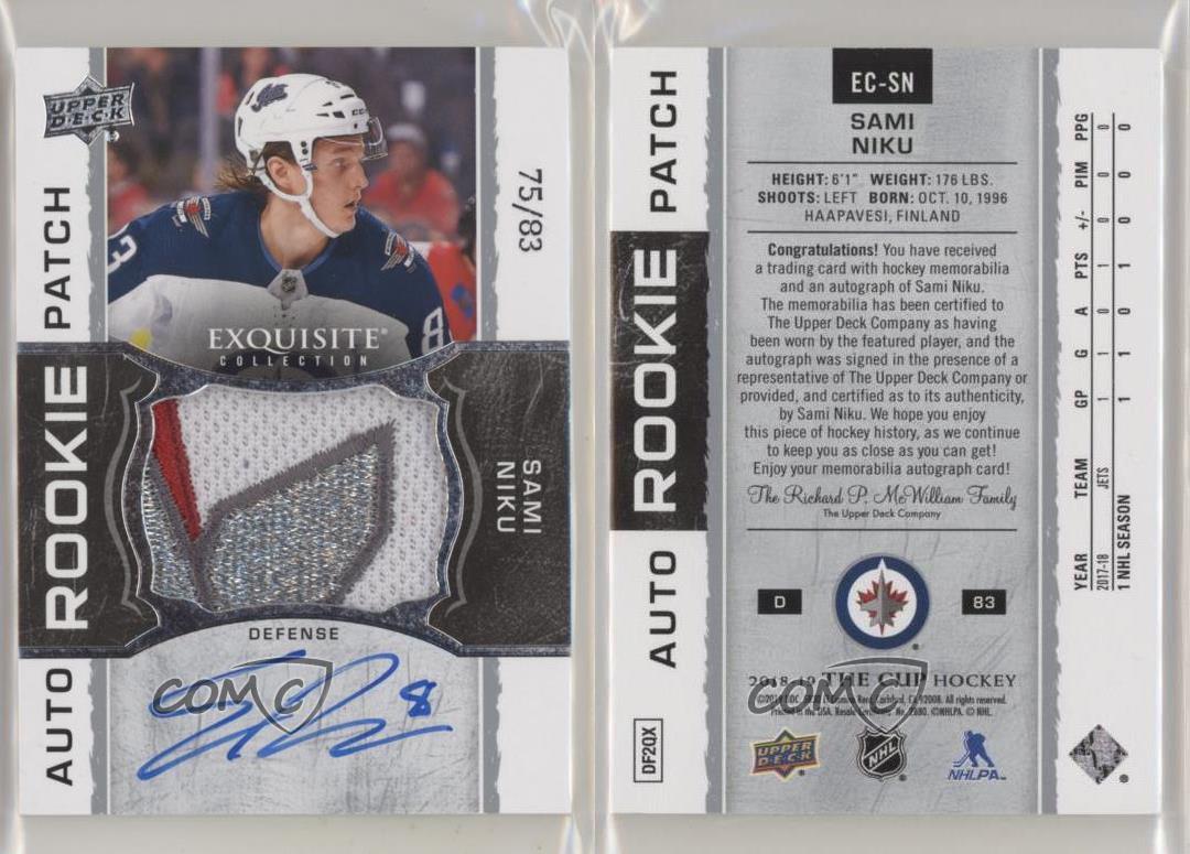 2018 The Cup 2018-19 Exquisite Collection Rookie /83 Sami Niku RPA Patch Auto RC - Afbeelding 4 van 4