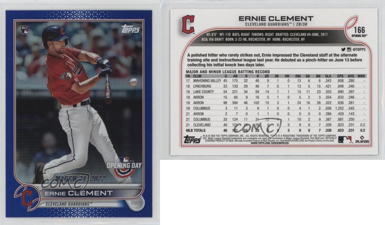 2022 Topps Opening Day (Blue Foil) Ernie Clement Rookie #166 – $1