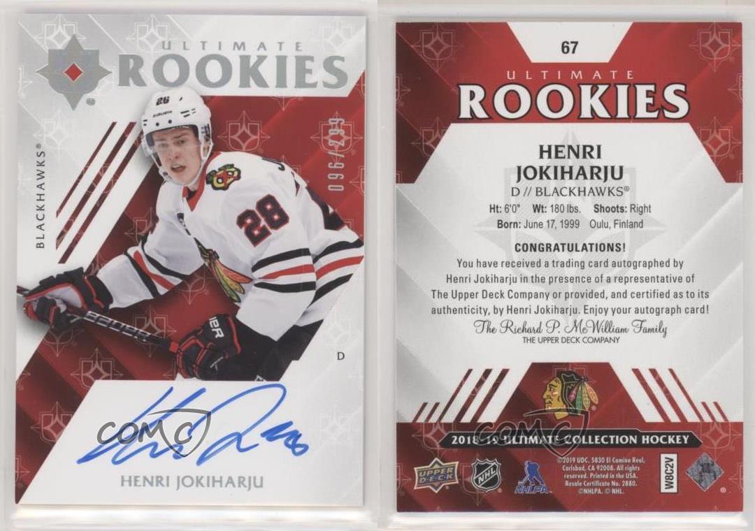 2018 Upper Deck Ultimate Collection Rookies /299 Henri Jokiharju Rookie Auto RC