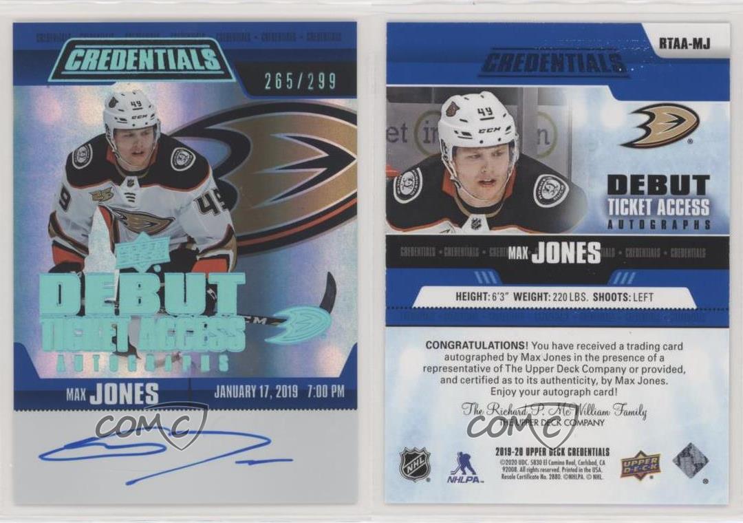 2019 Credentials Debut Ticket Access Autos /299 Tier 1 Max Jones Rookie Auto RC