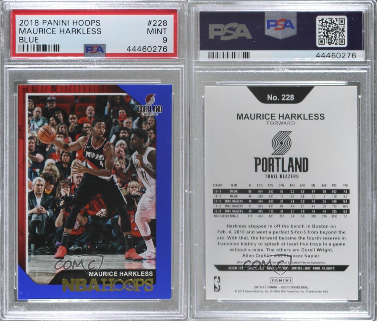 2018-19 Panini NBA Hoops Blue Maurice Harkless #228 PSA 9 MINT - Picture 3 of 3
