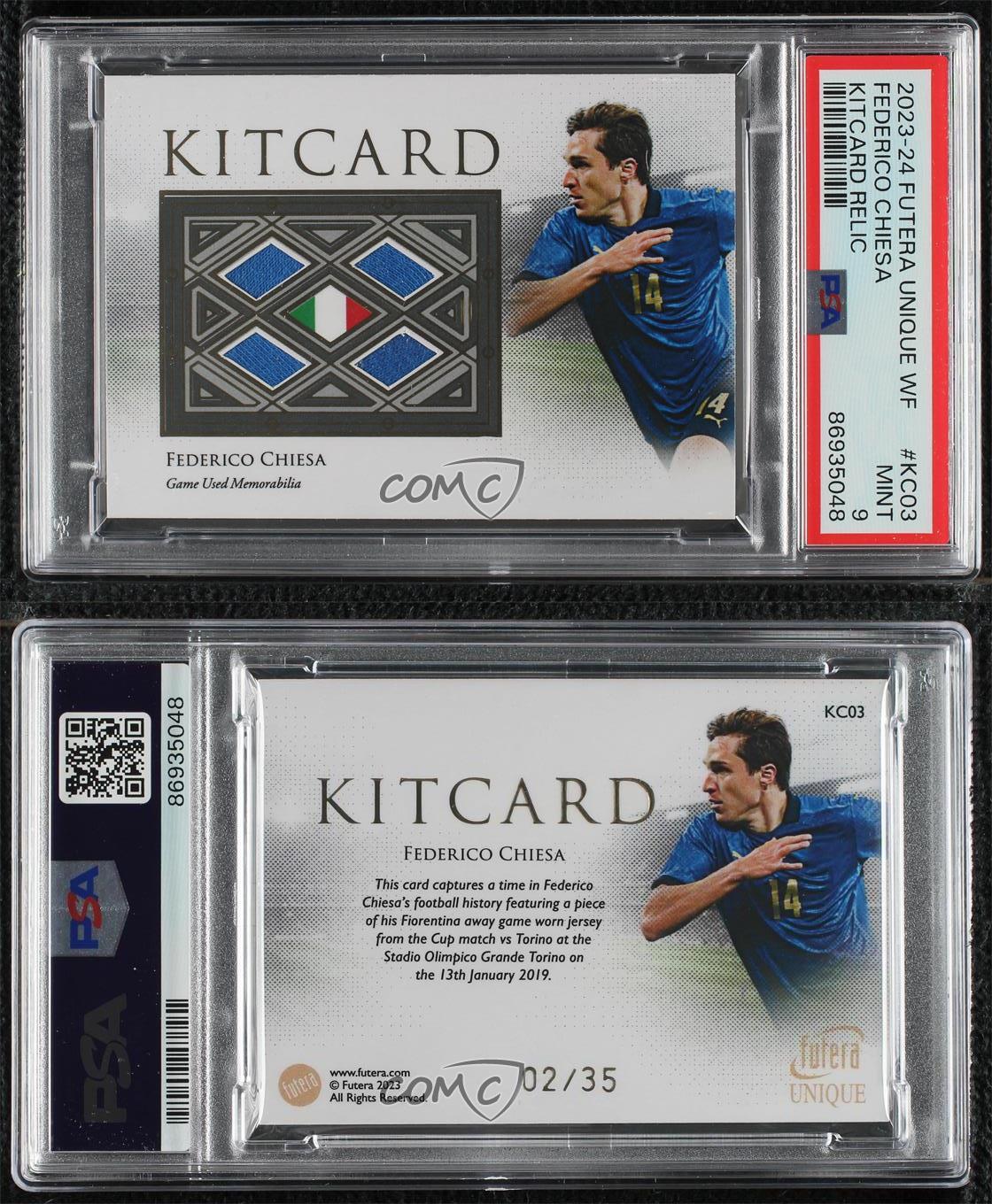 Kitcard Futera 2023 unique football à prix réduit mondial reliques /35 Federico Chiesa PSA 9 COMME NEUF