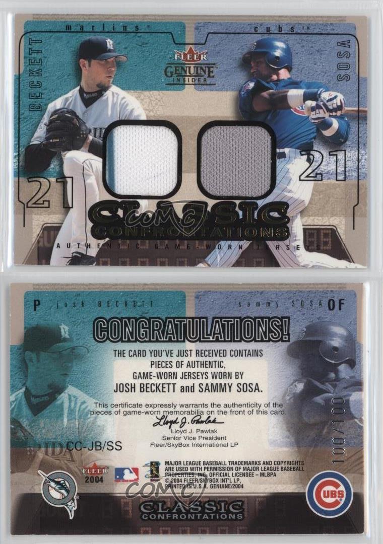 2004 Fleer Genuine Insider - Classic Confrontations Gold Dual Jersey #CC-JB/SS Sammy Sosa, Josh Beckett /100 (MEM)