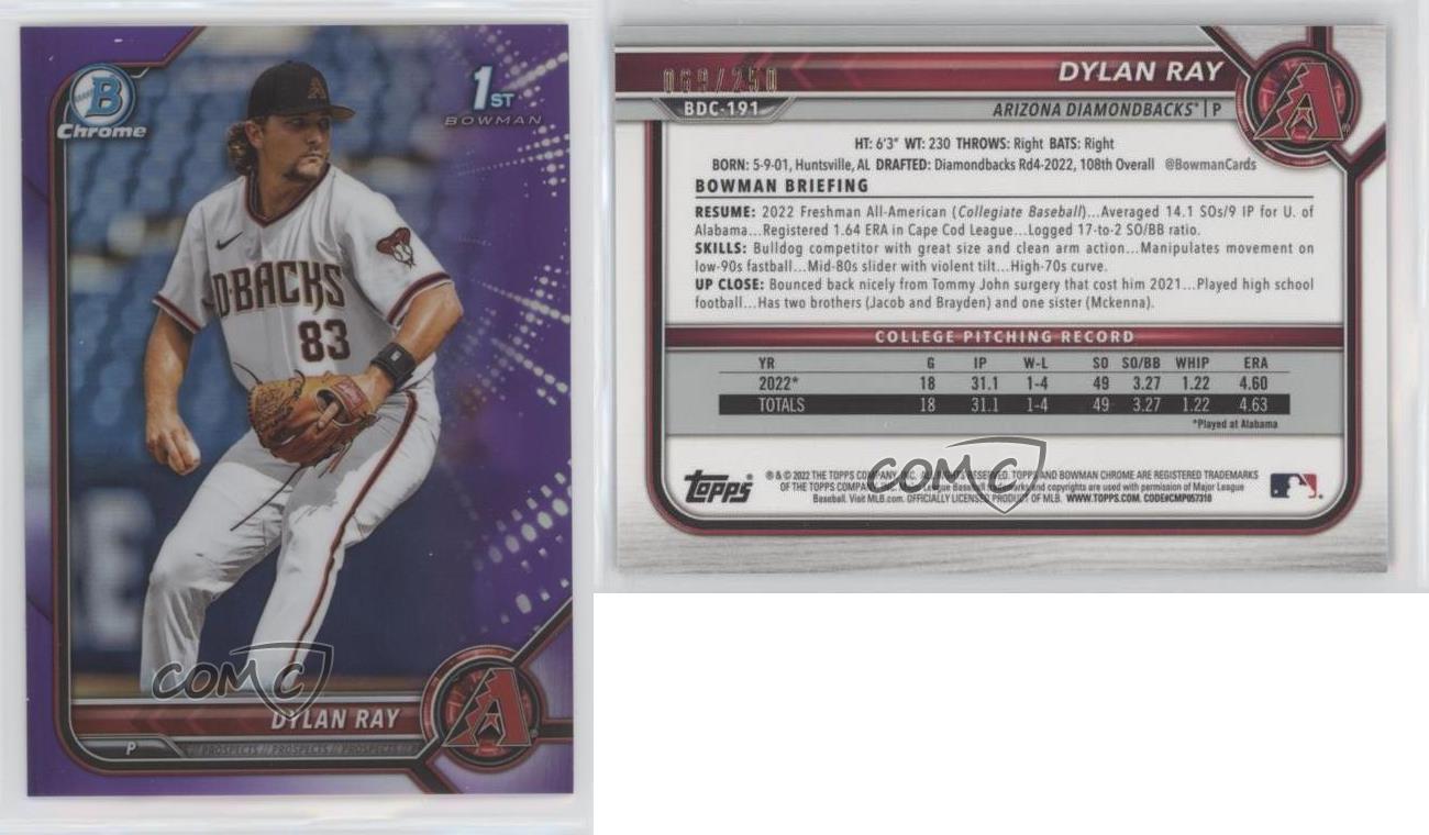 2022 Bowman Draft Chrome Purple Refractor /250 Dylan Ray #BDC-191 - Picture 4 of 4