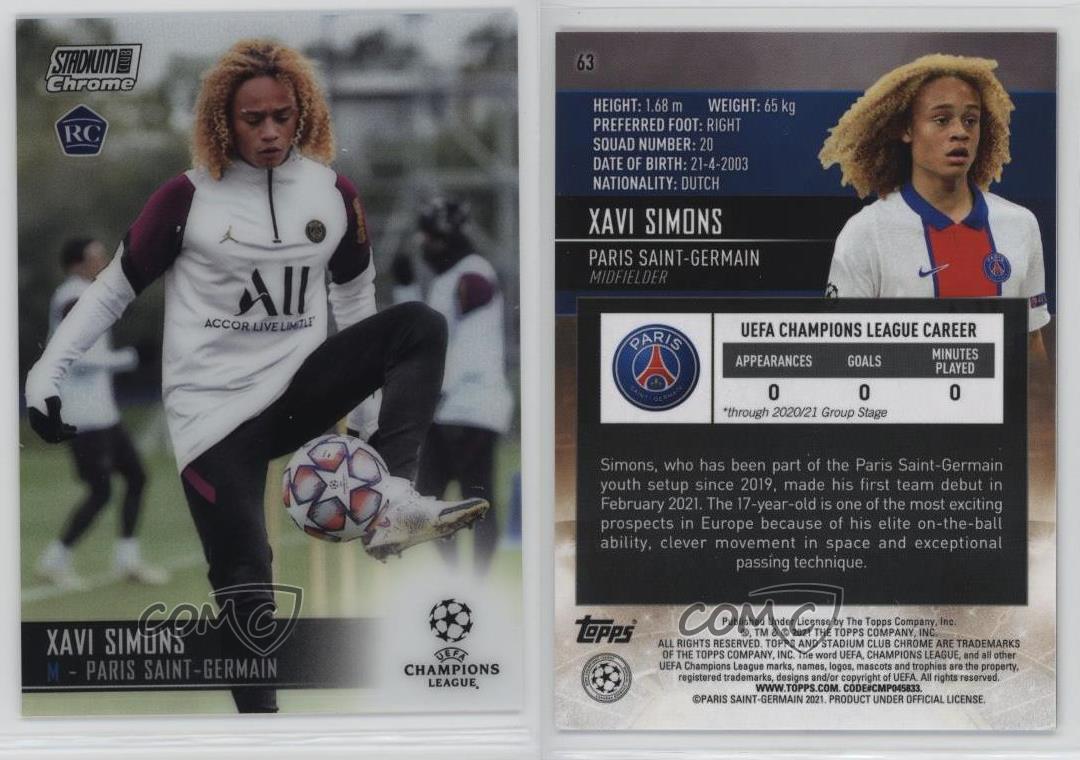 2020-21 Topps Stadium Club Chrome UCL Xavi Simons #63 Rookie RC - Picture 3 of 7