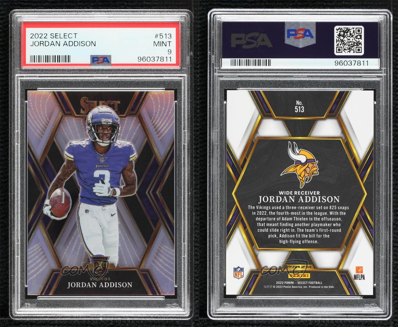 2022 Panini Select 2023 XRC Silver Prizm Jordan Addison #513 PSA 9 MINT - Picture 3 of 3