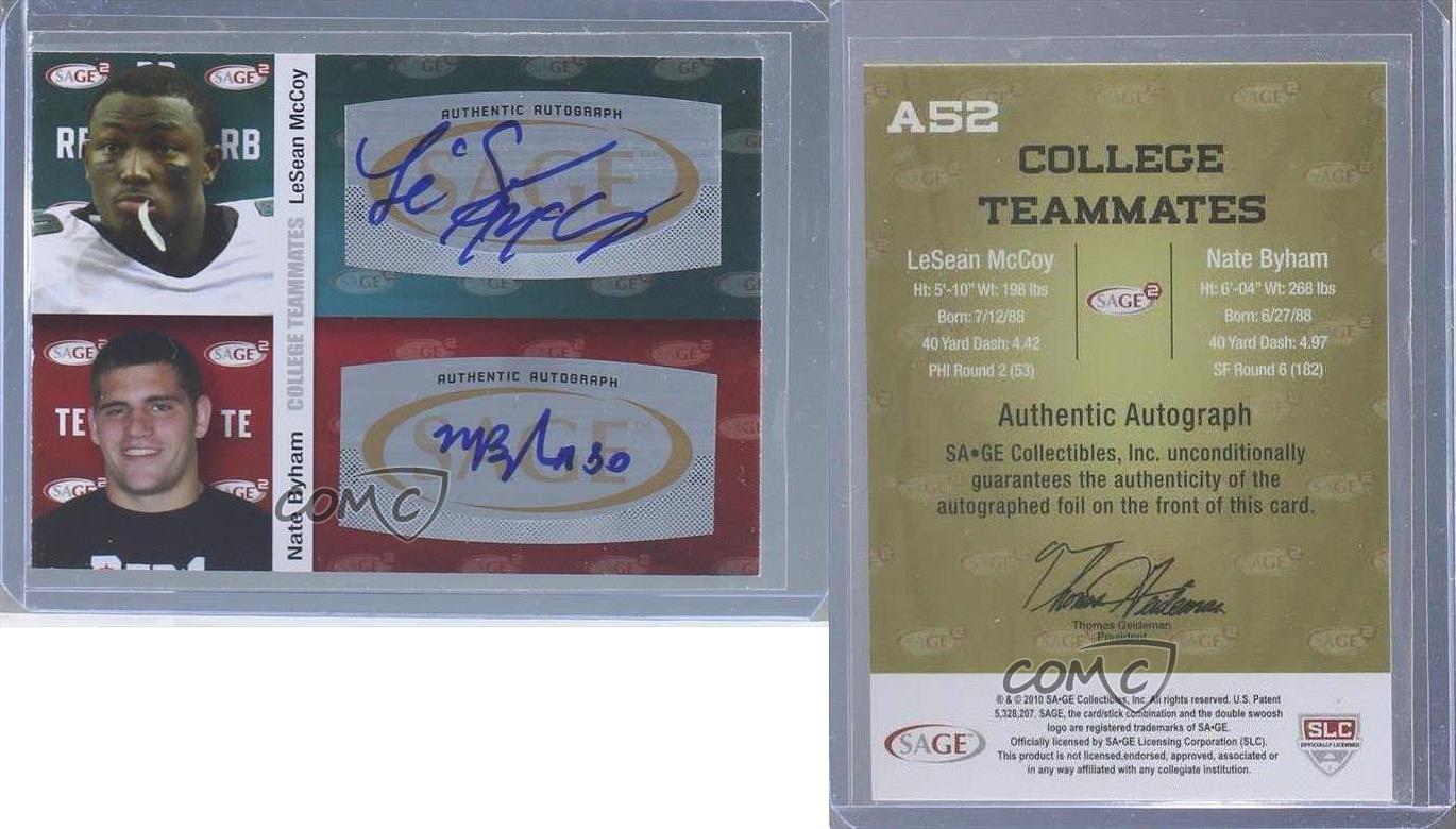 2010 SAGE Squared Dual Auto Nate Byham LeSean McCoy #A52 Rookie Auto RC - Picture 3 of 4
