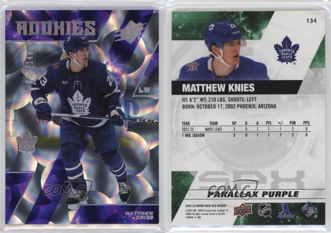 2023-24 SPx Rookies Purple Parallax/149 Matthew Knies #134 Rookie RC - Imagen 3 de 4