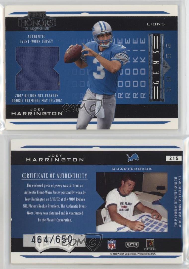 2002 Playoff Honors Rookie Gems /650 Joey Harrington #215 Rookie RC - Picture 3 of 4