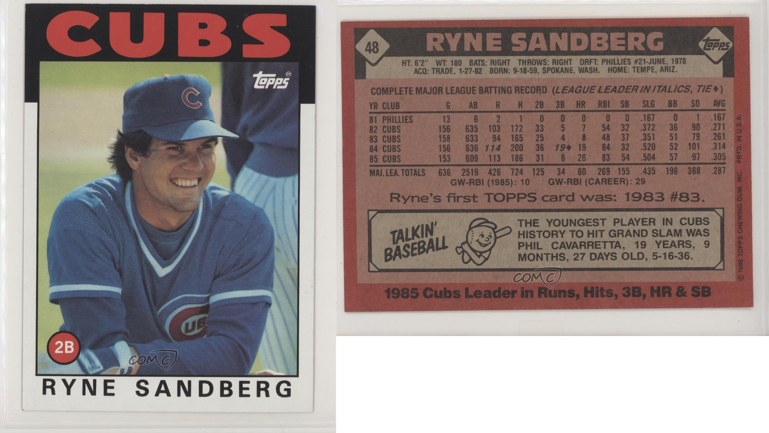 1986 TOPPS RYNE SANDBERG #48 Oversize 5 X 7