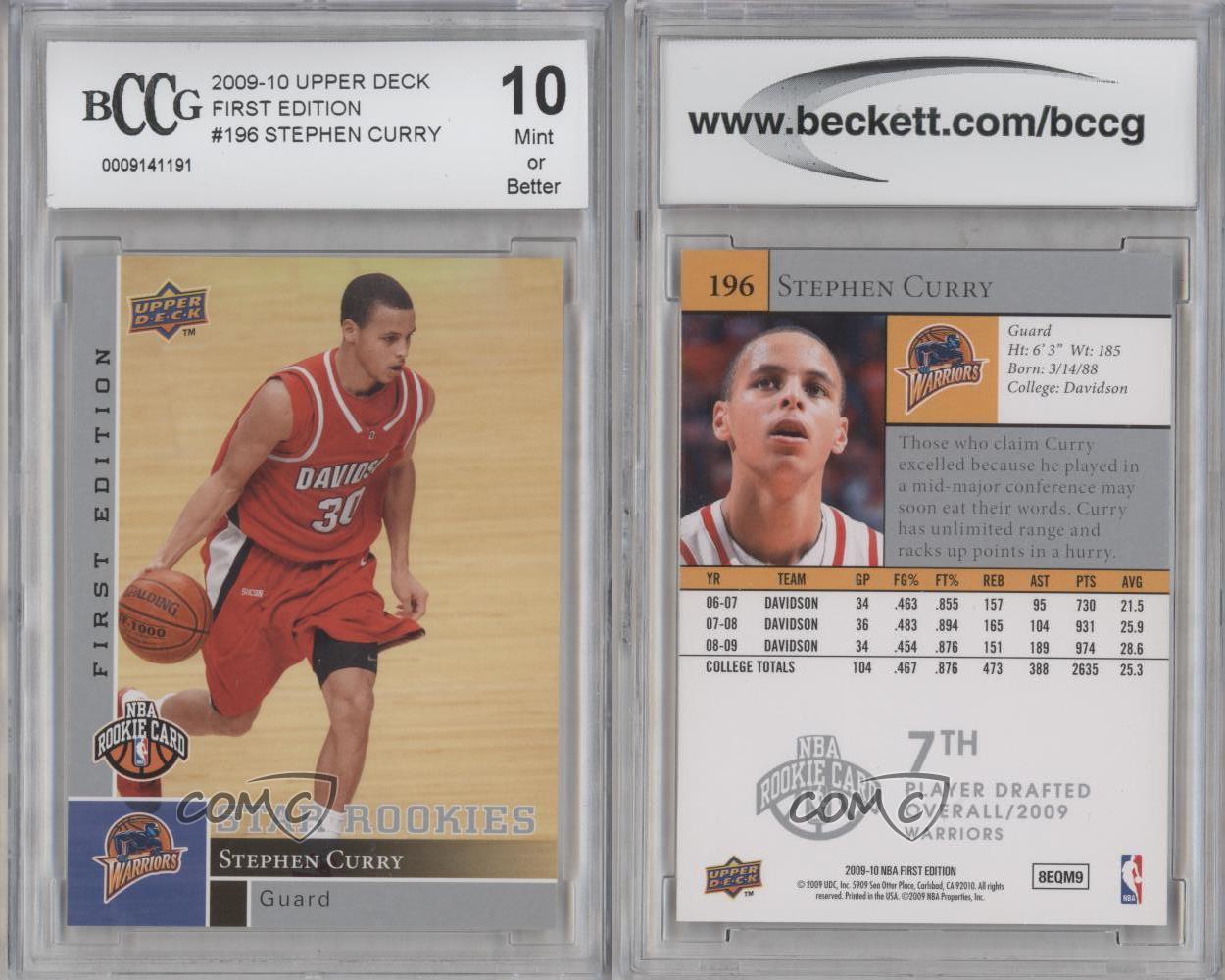 2009-10 Upper Deck First Edition #196 Stephen Curry Rookie Card Graded BCCG 10 