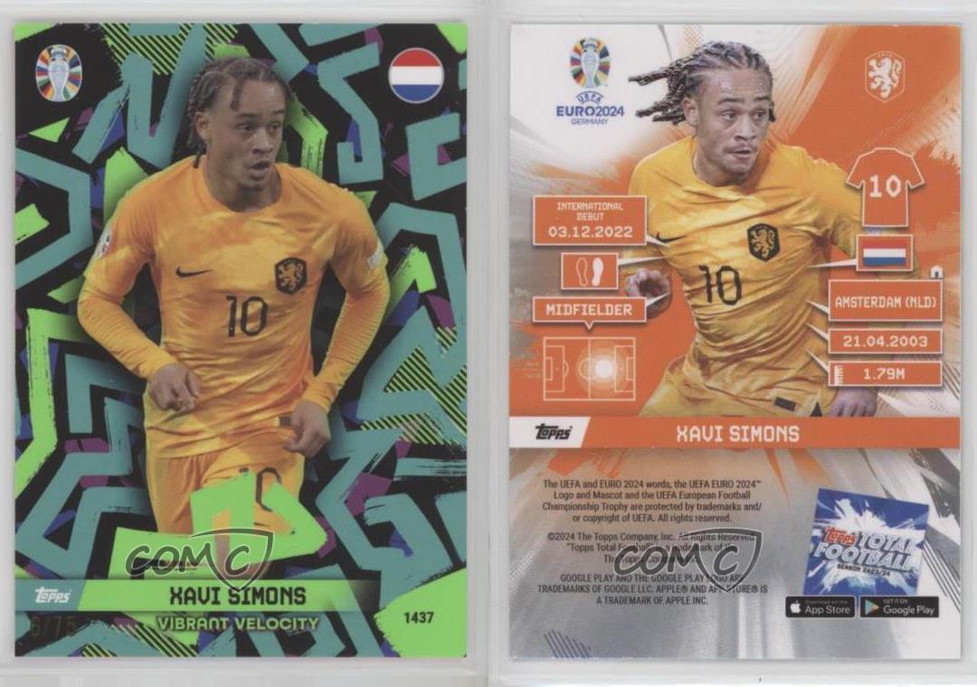 2023-24 Topps Total Football UEFA Euro 2024 Series 1 Green /75 Xavi Simons #1437 - Picture 3 of 3
