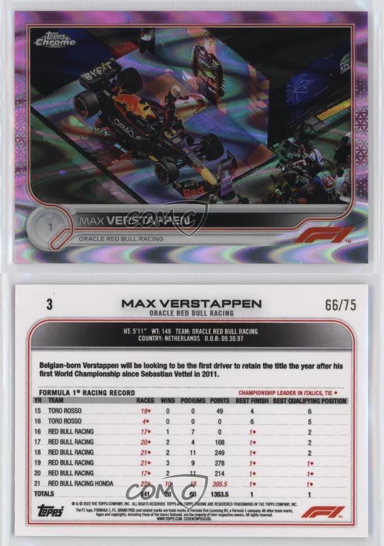 2022 Topps Chrome Formula 1 F1 Racers Pink RayWave Refractor /75 Max Verstappen - Bild 3 von 3