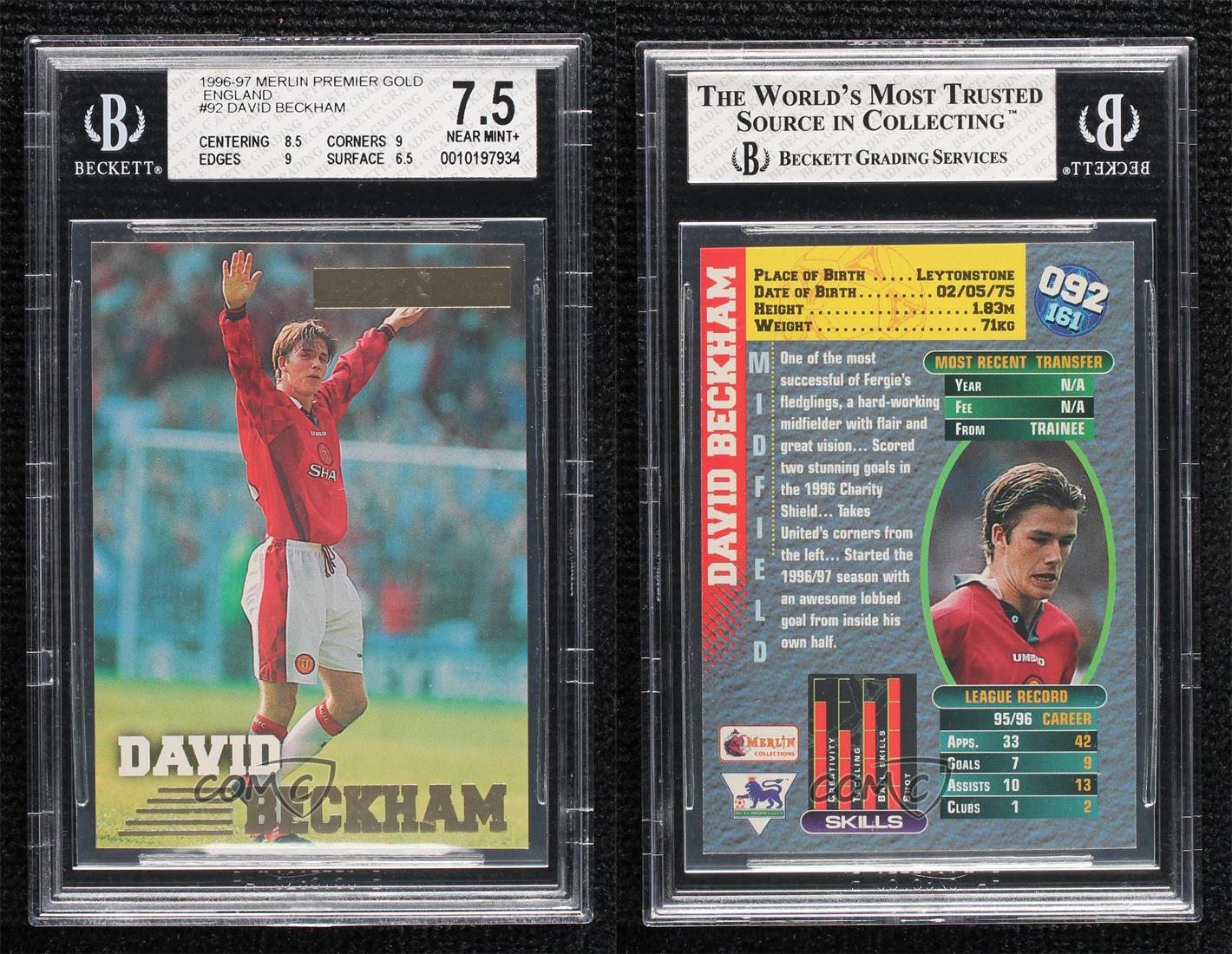 1996 Merlin Premier Gold David Beckham #092 BGS 7.5 Rookie