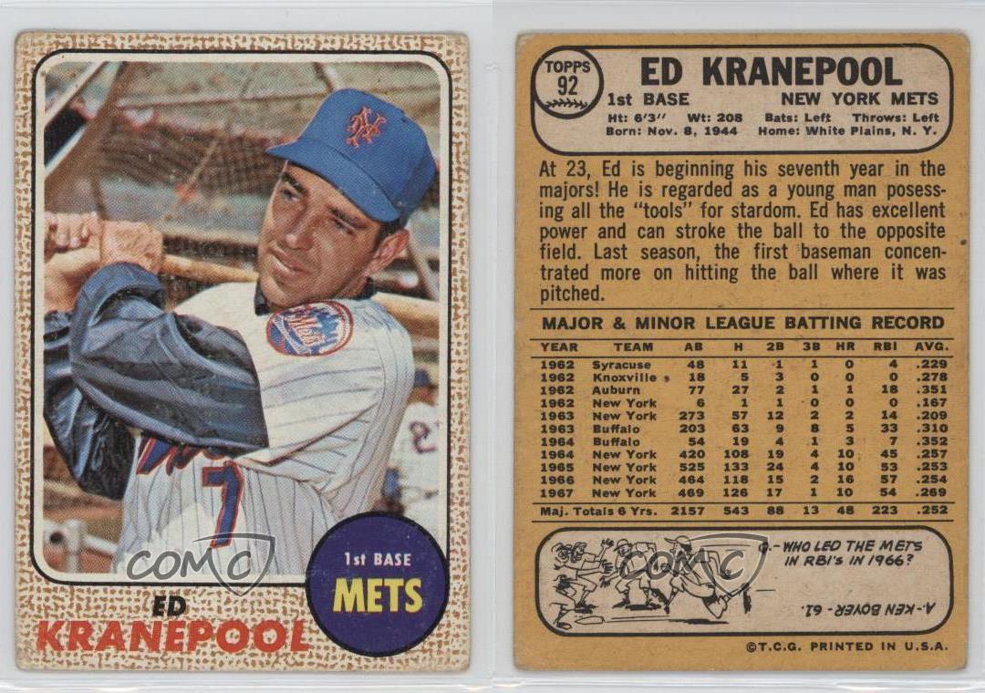 1968 Topps 92 Ed Kranepool New York Mets Baseball Card eBay