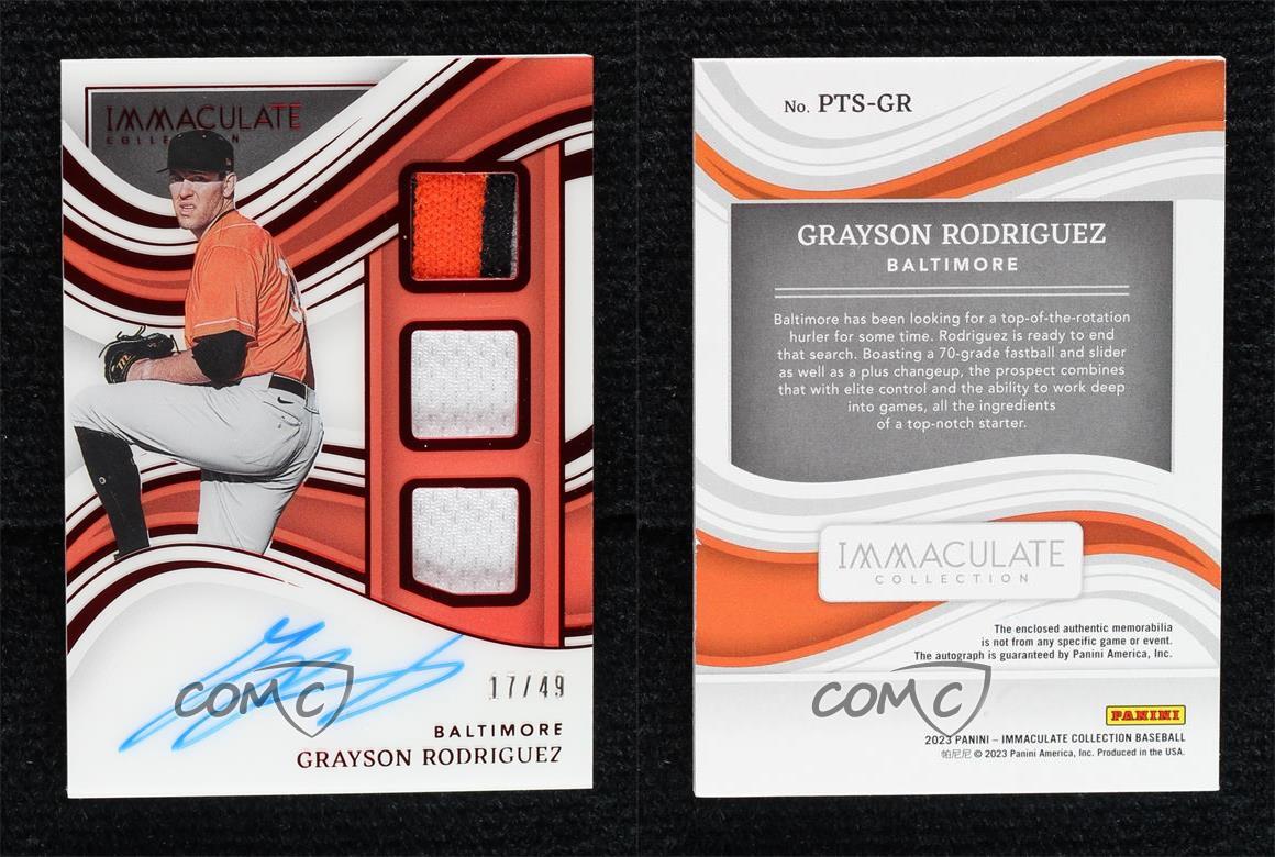 2023 Panini Immaculate Collection - Prospect Triple Memorabilia Signatures Red #PTS-GR Grayson Rodriguez /49 (AU, MEM, RC)