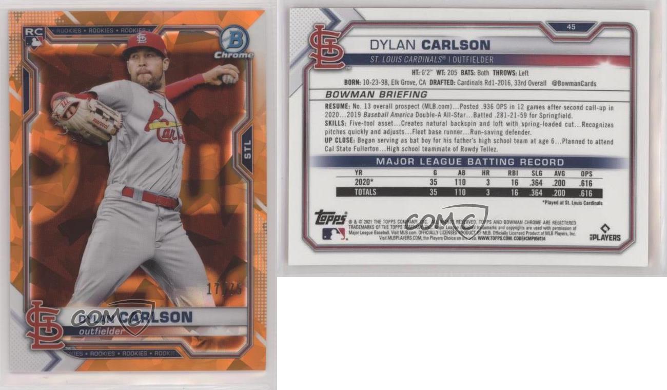 2021 Bowman Chrome Sapphire Edition rifrattore arancione /75 Dylan Carlson Rookie RC - Foto 3 di 4