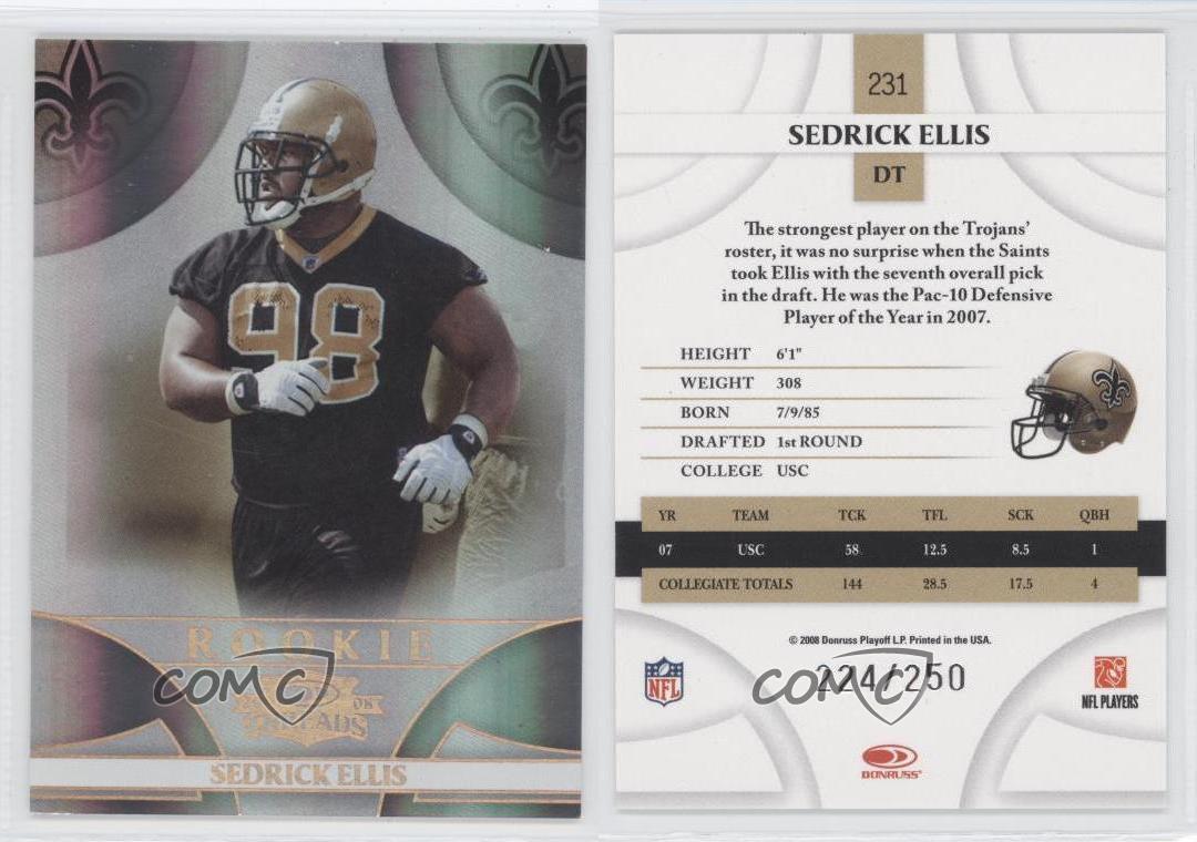 2008 Donruss Threads Bronze Century Proof /250 Sedrick Ellis #231 Rookie RC - Picture 4 of 4