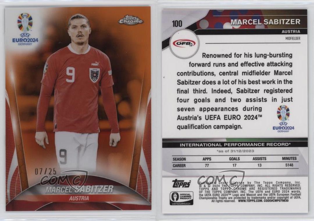 2024 Topps Chrome UEFA Euro Orange Refractor /25 Marcel Sabitzer #100 - Picture 3 of 3