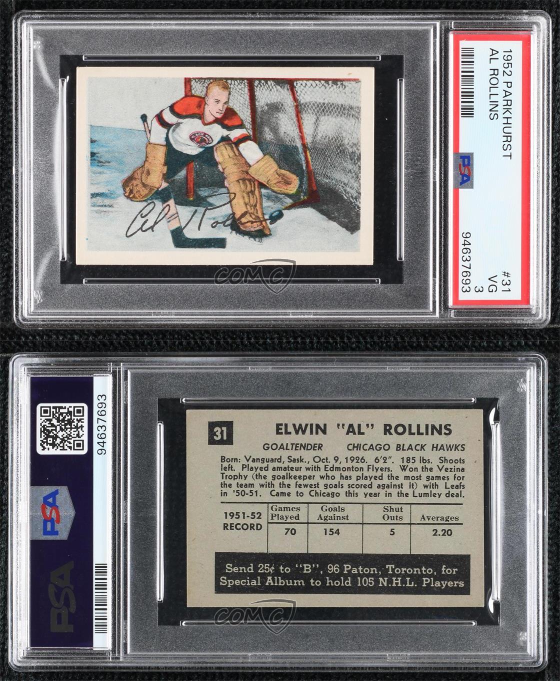 1952-53 Parkhurst Al Rollins #31 usine PSA 3