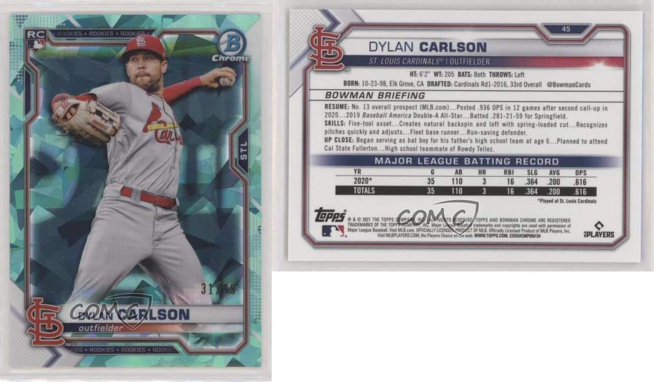 2021 Bowman Chrome Sapphire Edition Aqua Refractor /99 Dylan Carlson Rookie RC - Foto 3 di 4