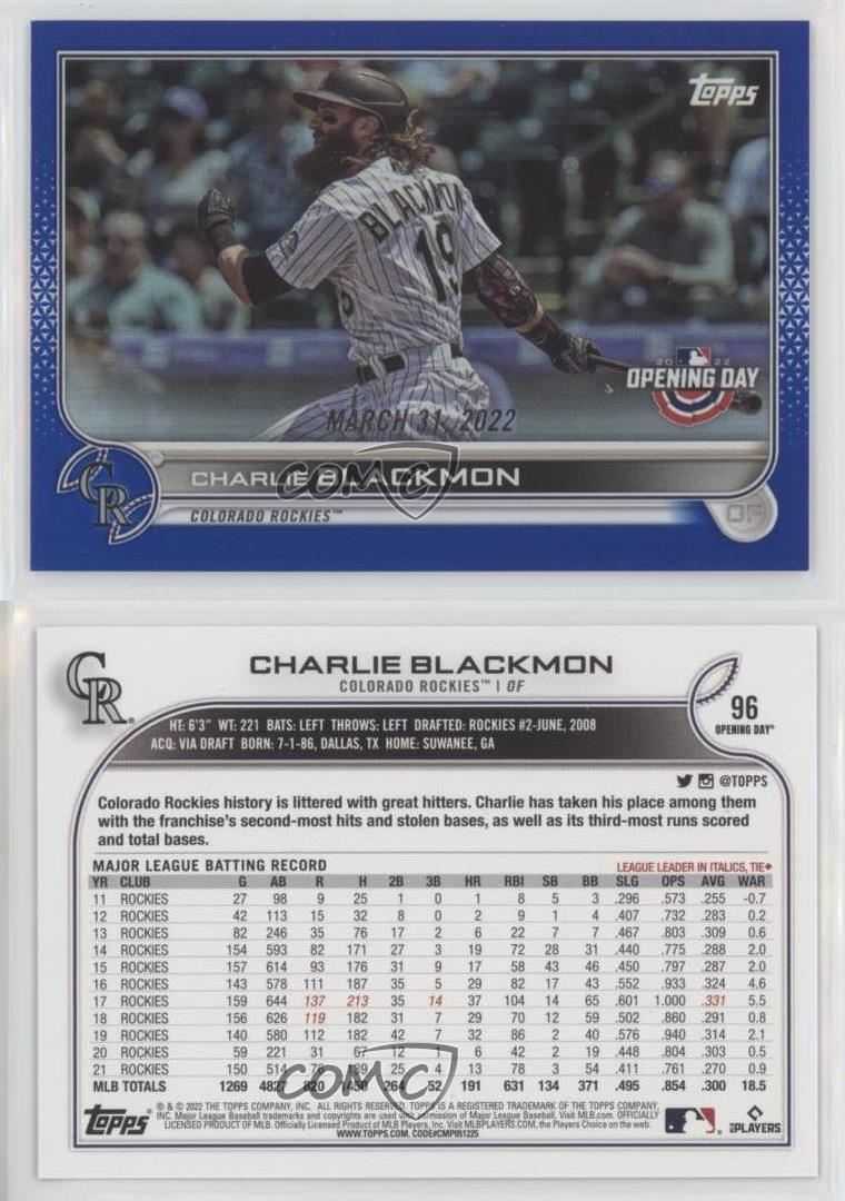 Charlie Blackmon 2022 Topps Opening Day Colorado Rockies #96 Card