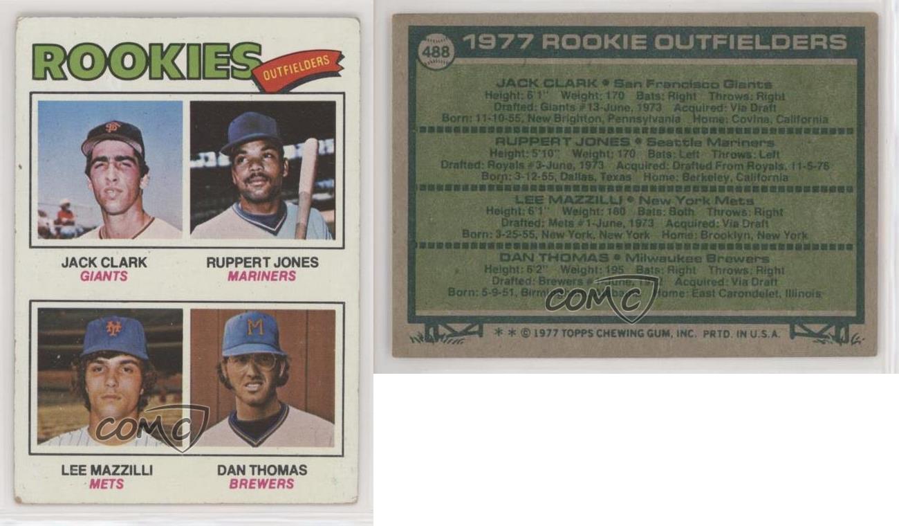 Jack Clark / Ruppert Jones / Lee Mazzilli / Dan Thomas 1977 Topps Rookie  Outfielders #488 EX