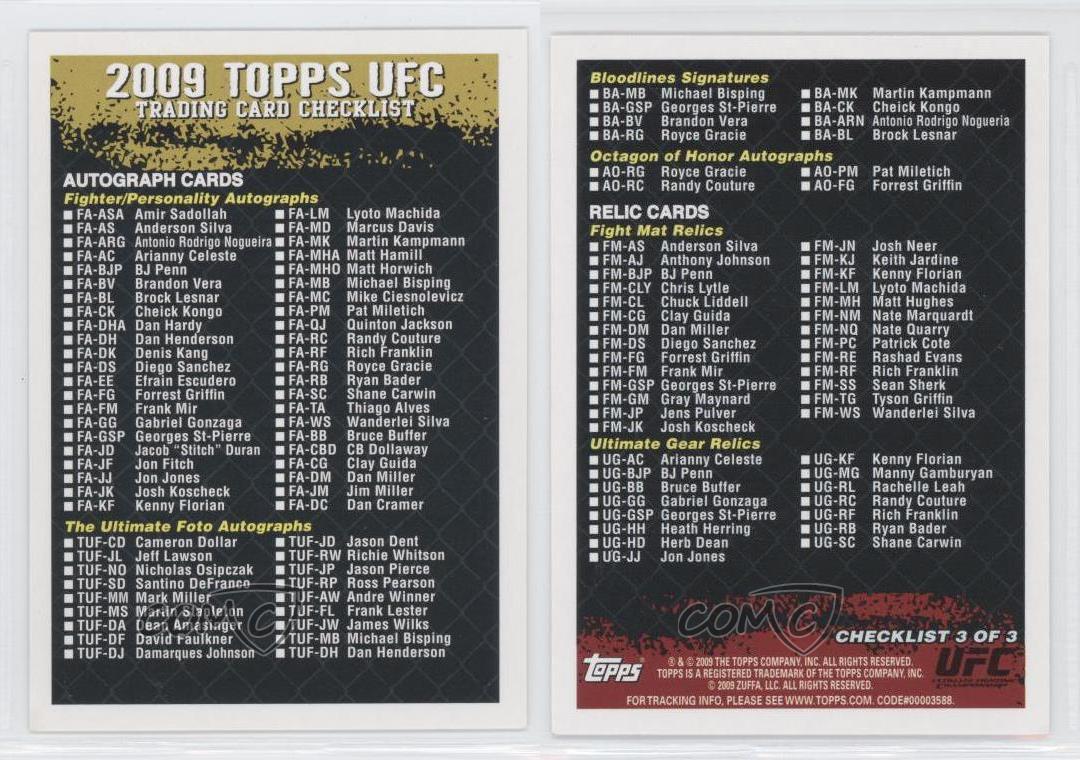 2009 Topps UFC Round 2 Checklists Checklist 3 eBay