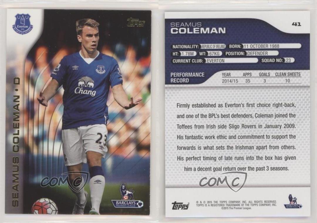 2016 TOPPS Premier Gold Seamus COLEMAN Everton Argento parallelo Scheda di base/99 