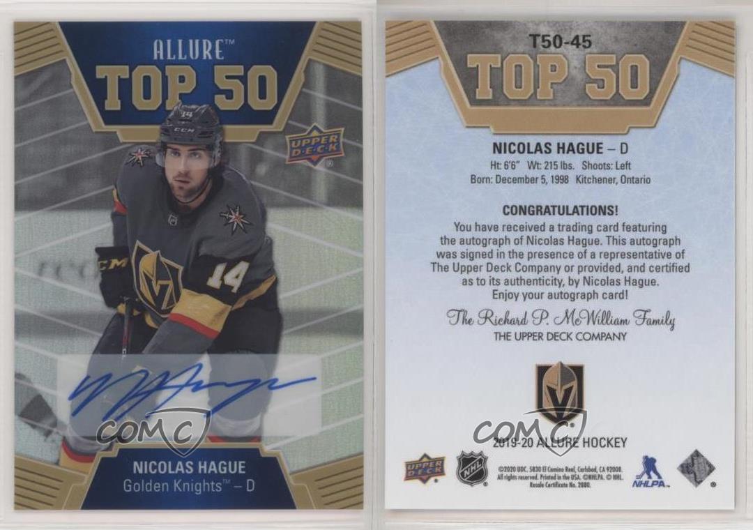 2019-20 Upper Deck Allure Top 50 Blue Auto Nicolas Hague #T50-45 Rookie Auto RC