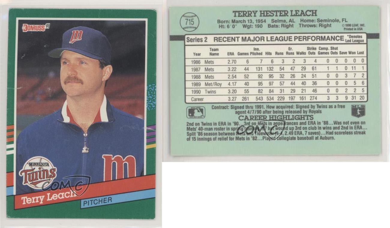 Terry Leach 1991 Donruss # 715 NM/MT Minnesota Twins Baseball Card 