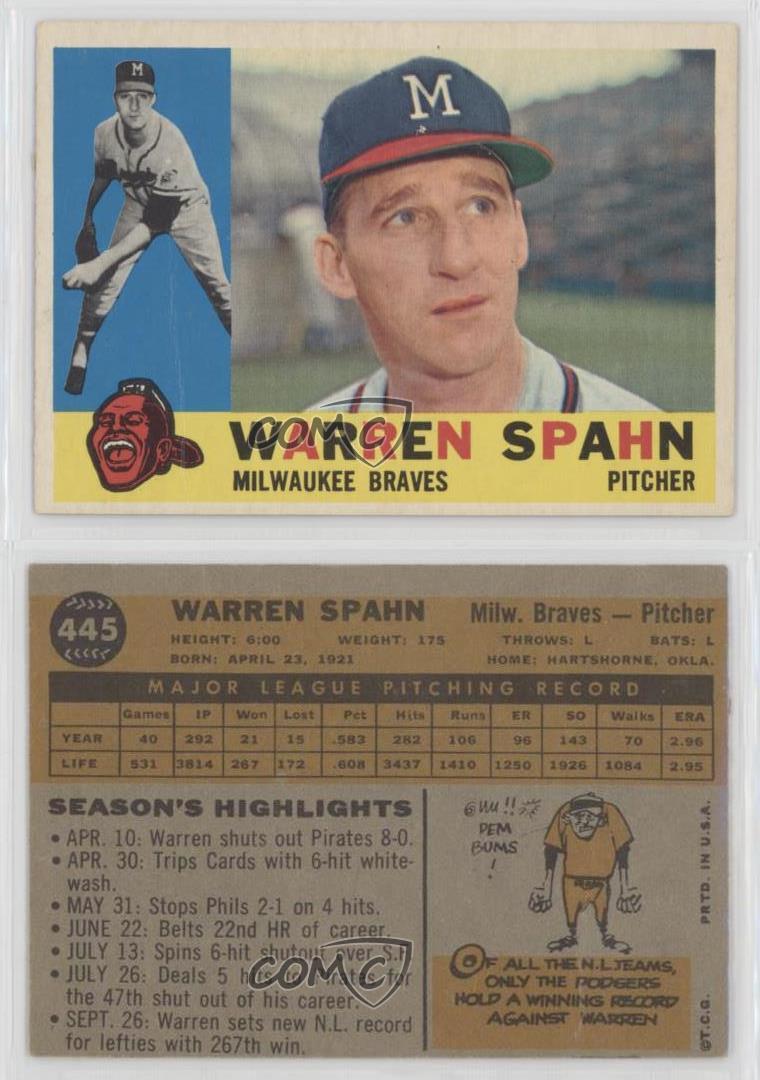 1960 Topps #445 Warren Spahn HOF Braves Legend Vintage Baseball Card