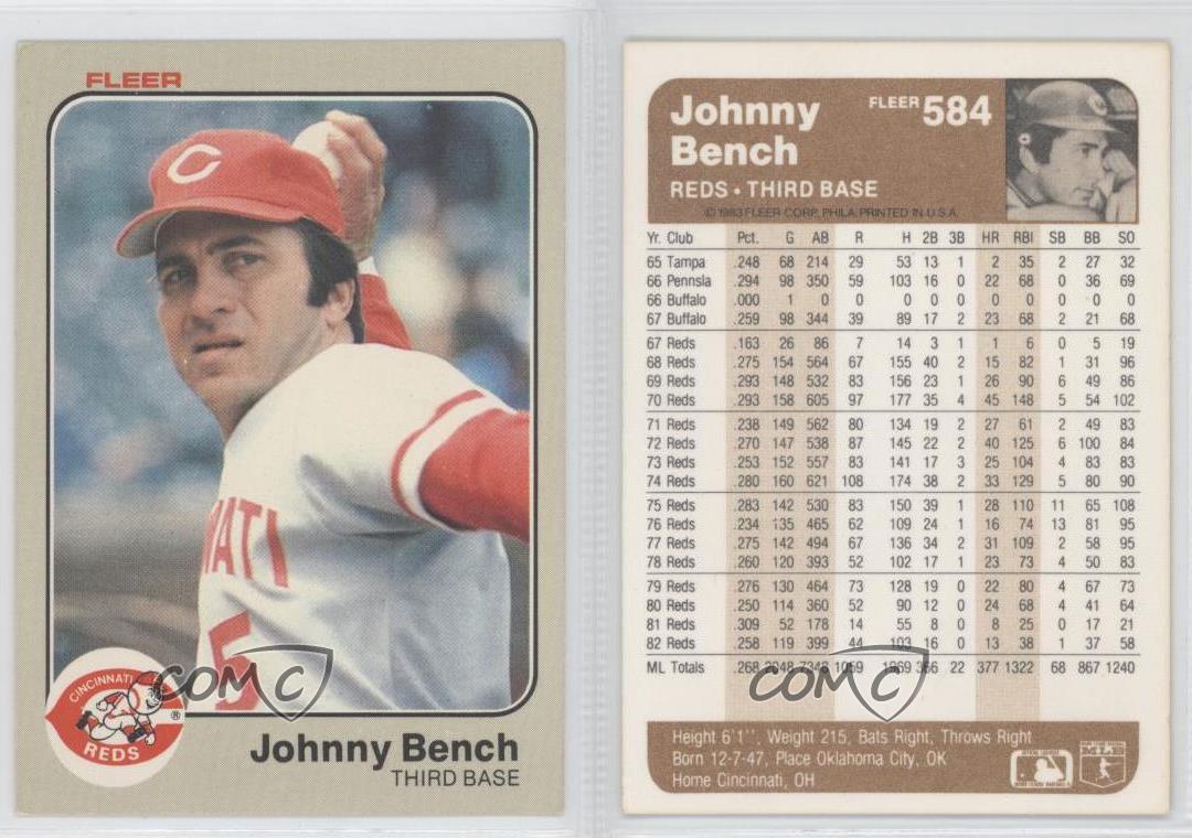 1983 Fleer 584 Johnny Bench Cincinnati Reds Baseball Card Ebay